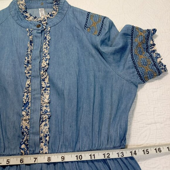 Anthropologie Lapis Maxi Dress Blue Chambray Embroidered Tiered Boho Western L - Picture 11 of 13